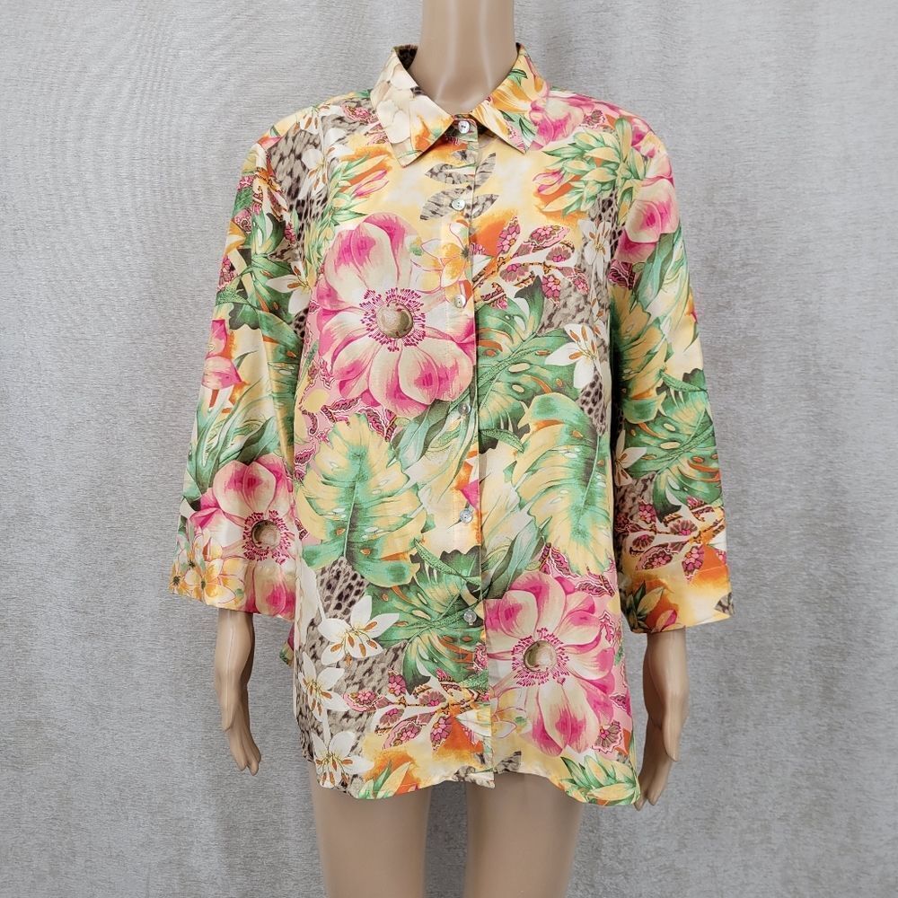 Clothes Silk Tropical Floral Leopard Print Women's Top Button Down Blouse